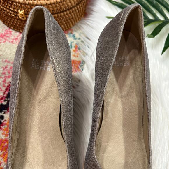 $210 Eileen Fisher Brown Block Heeled Hawk Metallic Suede Pump Heel 10 - Picture 4 of 11